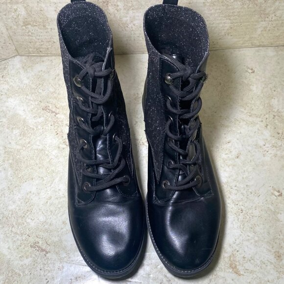 Black Combat Boots Size 8 Lug Sole  Leather & Glitter Fabric Blend Everyday Wear - Picture 3 of 8
